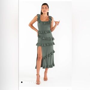 NWT Show Me Your MuMu Olive Ruffle Midi Dress Size S